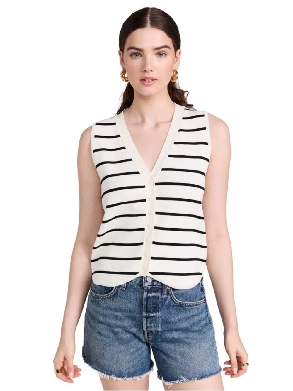 Line & Dot Sleeveless V-Neck Striped Button Front Top - White/Black